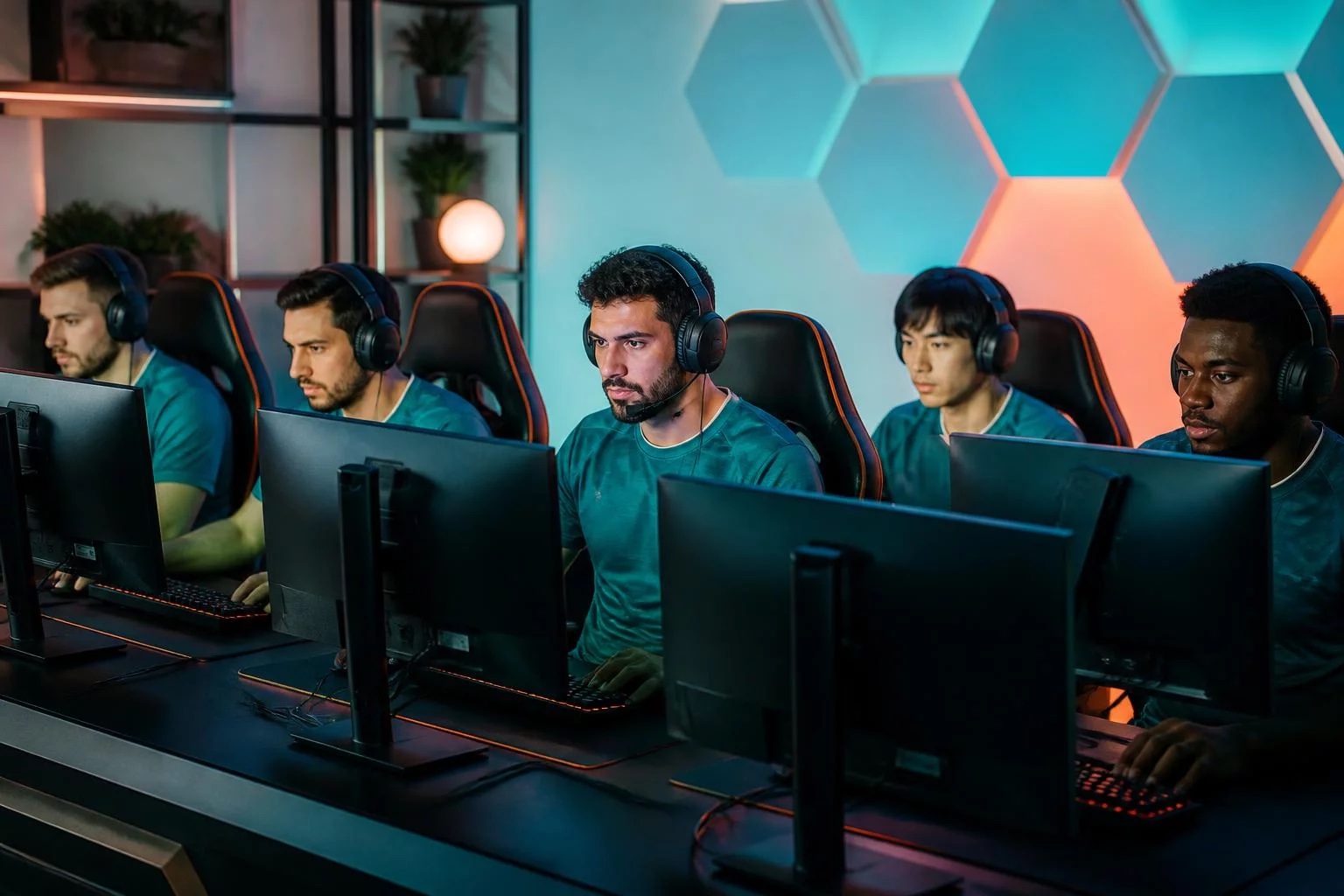 Competitive gaming team at a modern PC setup